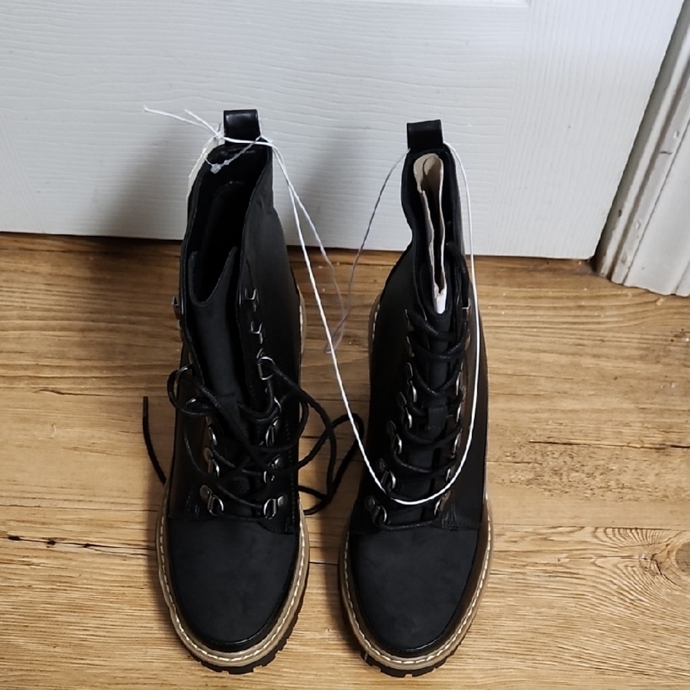 a new day Black Combat Boots with Tan Sole